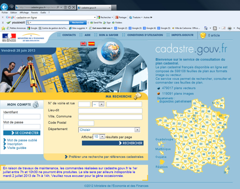 Capture d'écran de la page d'accueil du site du Ministère, permettant d'effectuer toutes les démarches liées au cadastre - JPEG - 197.1 ko